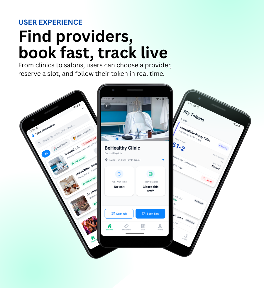Customer flow screens showing provider discovery, booking, and live queue tracking